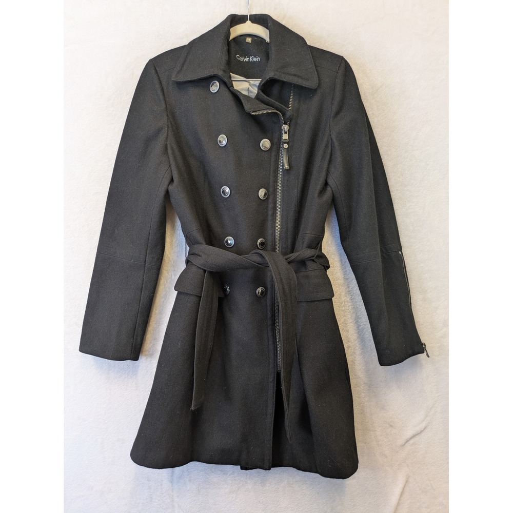 Calvin Klein Trench Coat Women's 6 Black Double Breasted Belted Zip Detail